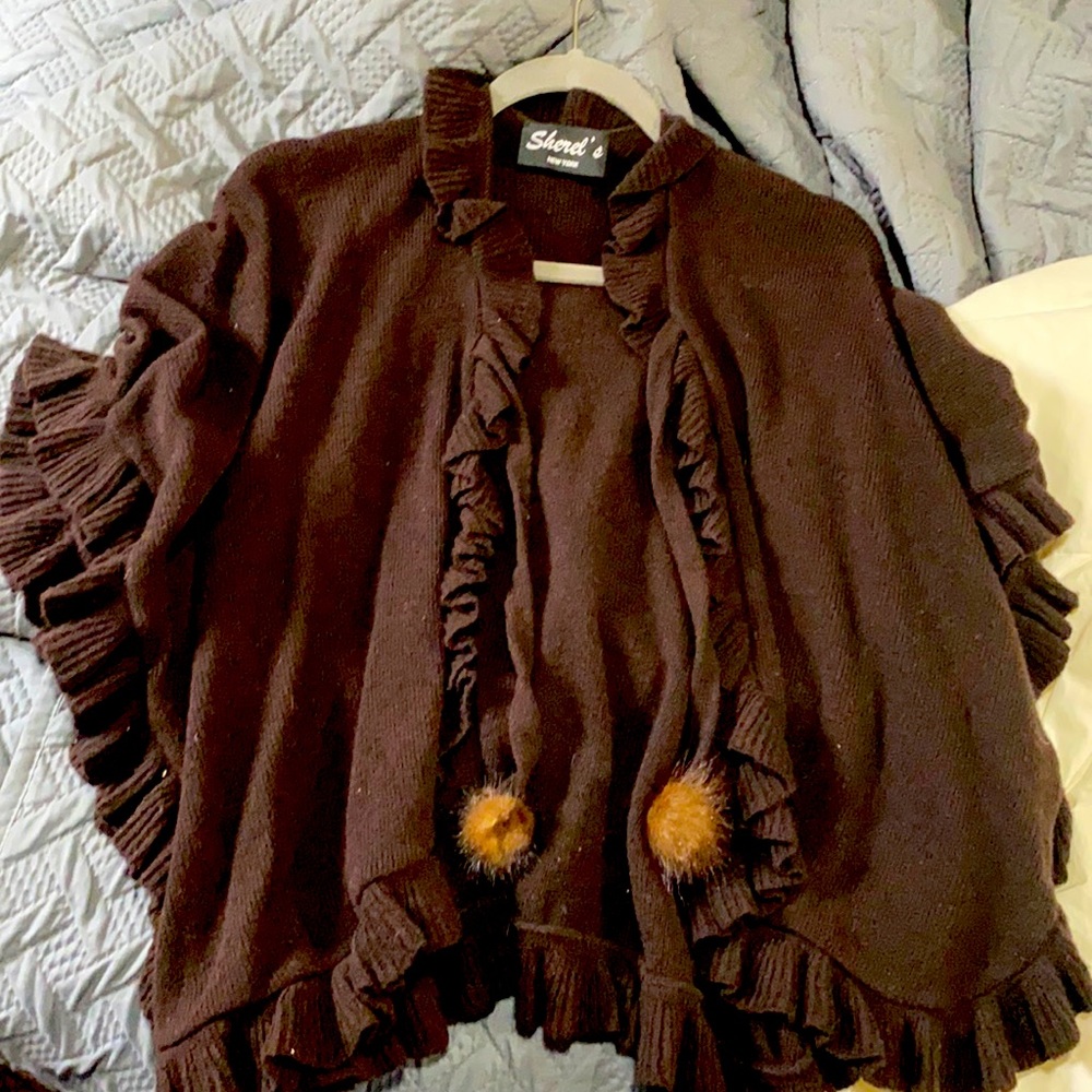 Brown shawl with real fur ties. So cozy